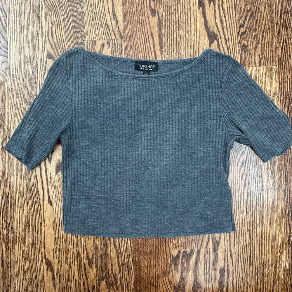 Topshop Crop Top Cropped Tee Ribbed Charcoal Gray Boat Neck Short Sleeve 6